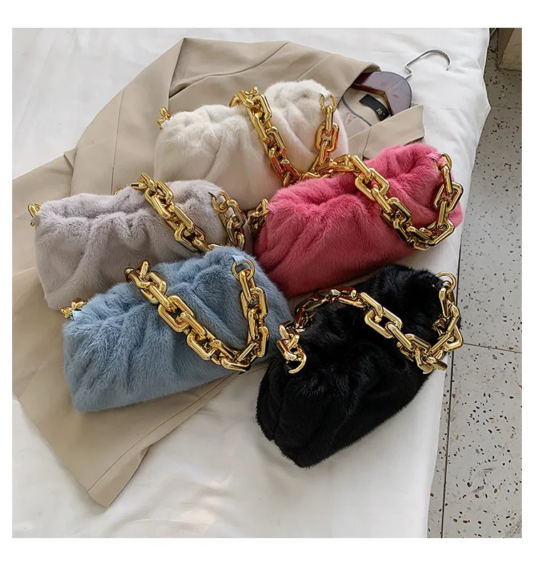 

hot selling luxury women's plush high capacity Plush thick chain cloud bag handbag, As picture