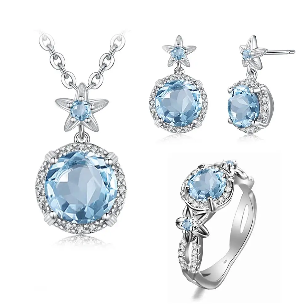 

Szjinao Handmade Aquamarine Ring Earring Pendant Necklace Flower Real 925 Sterling Silver Jewelry Set Women 2022 Jewelry
