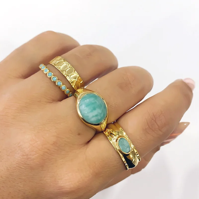 

2023 Fashion Wholesale Hot Sale New Blue Turquoise Square Zircon Ring Ladies Round Gemstone Ring