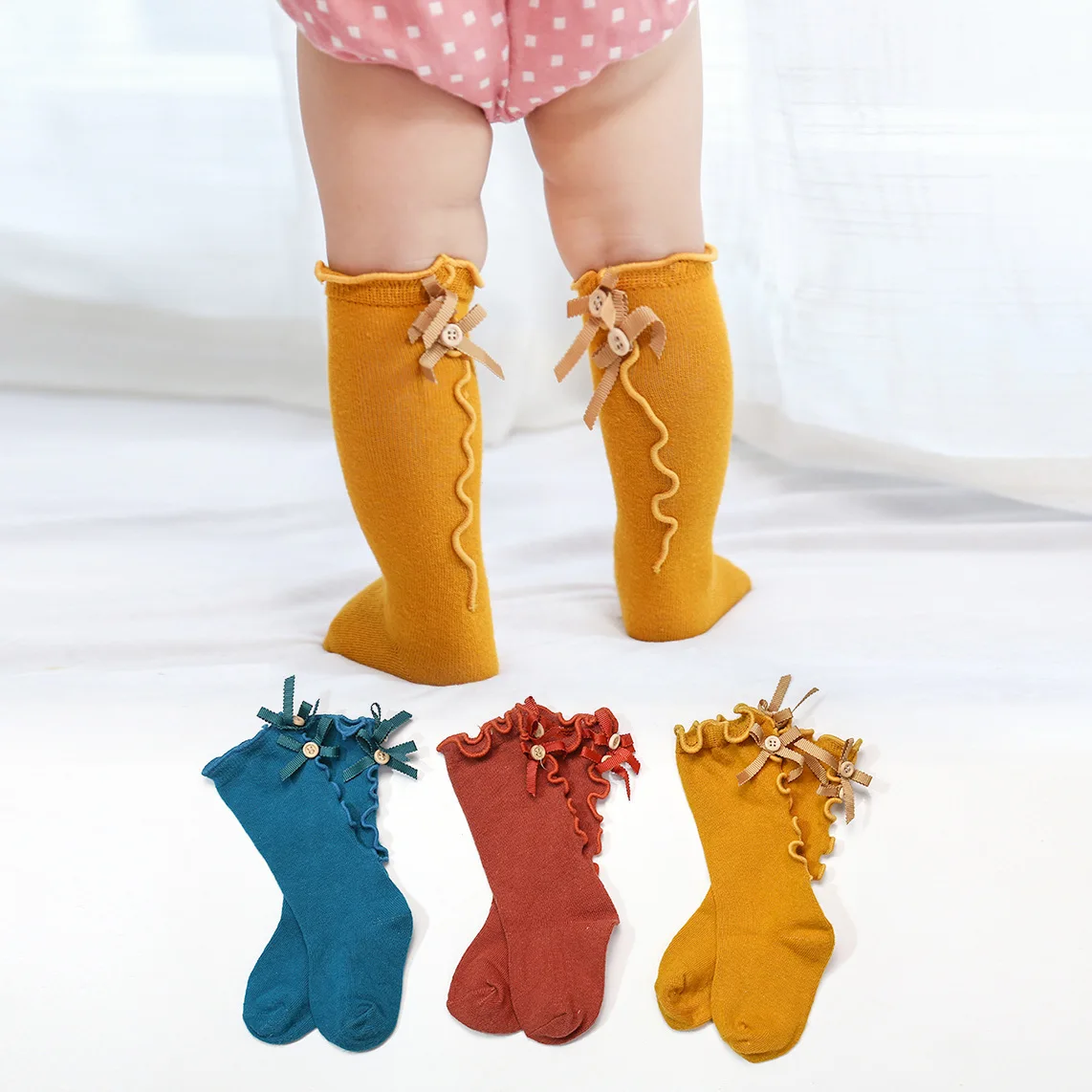 

Newborn baby girl bow-tied princess mesh socks Knitted organic cotton solid color cute cozy stockings long tube over knee, Picture