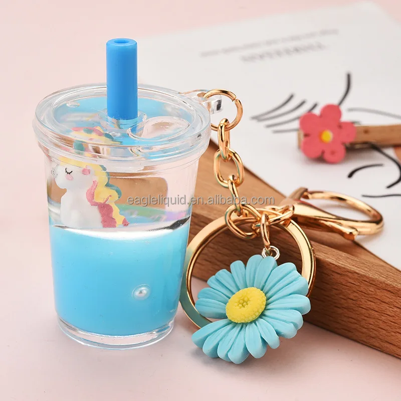 

Creative Fancy Gifts Colorful Liquid Cute Unicorn Floating Liquid Boba Keychain Milk Tea Cup Keychain