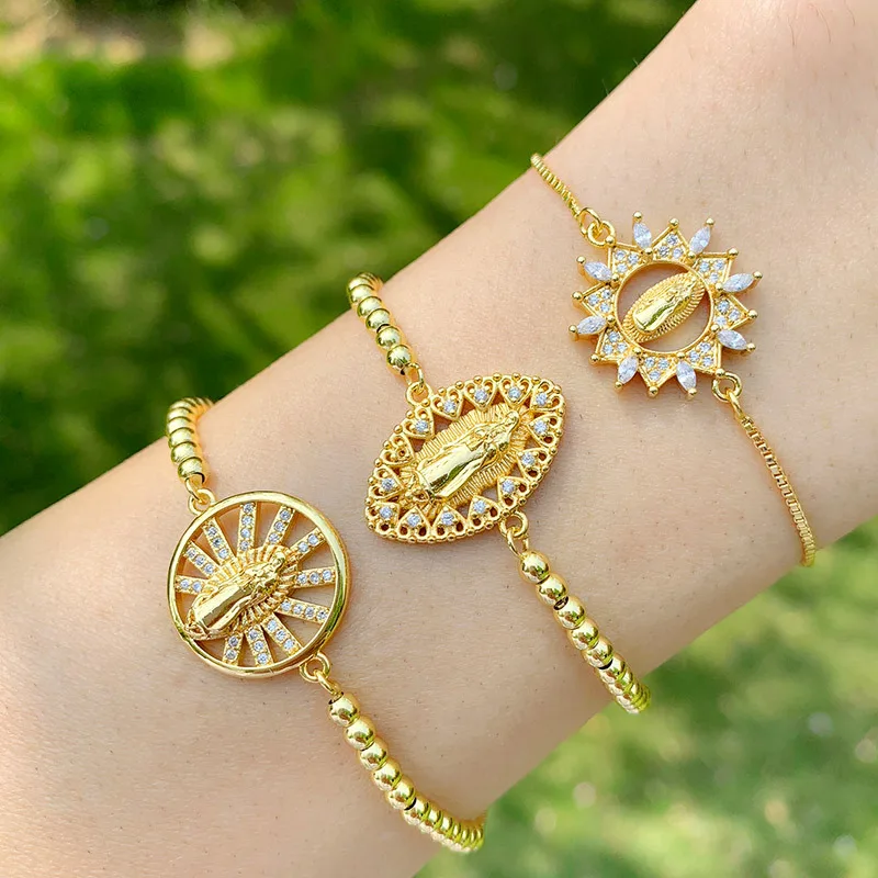 

Hesiod Cubic Zirconia Virgin Mary Bracelets For Women Gold Charm CZ Beads Bracelets Religious Women Jewelry