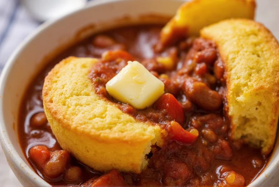Freshly baked golden cornbread served alongside a bowl of steaming chili with melted butter on top