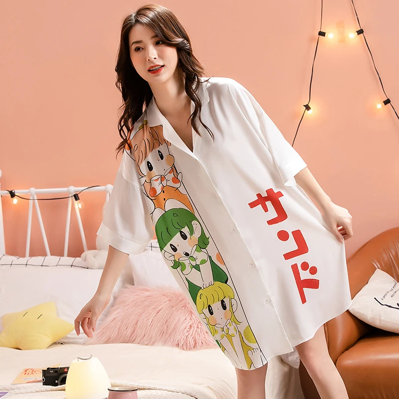 

Custom Rayon Fabric Summer Vestidos Womens Nightgowns Short-sleeve Dress Cute Girls Cartoon Sleepwear Night Dress, White,pink,blue