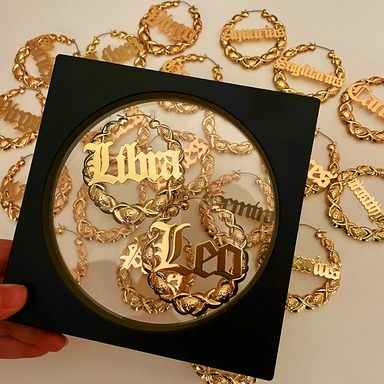 

Retro 14K 18K plated brass custom name bamboo xoxo hoop earrings