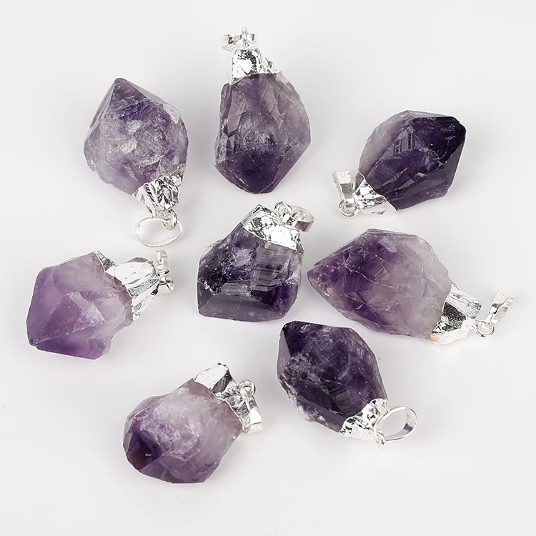 

Silver Plated Light Real Amethyst Point Pendants Druzy Cluster Necklace Pendant for Men, Purple