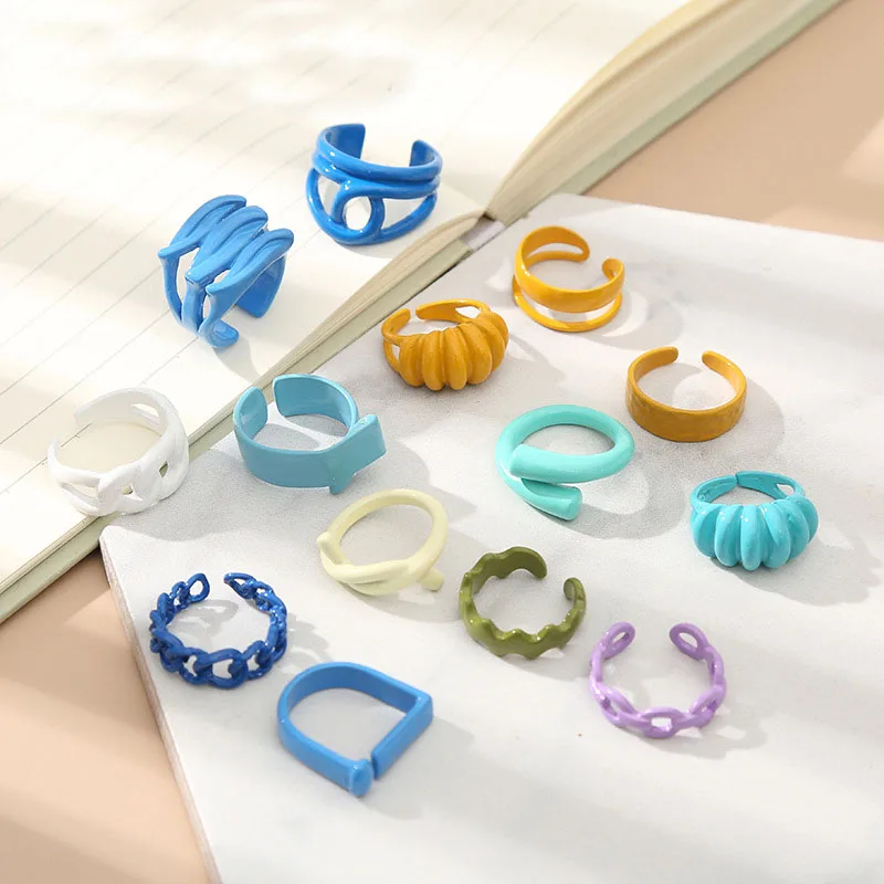 

Ins Fashion New Arrival Spring Colorful Chunky Metal Rings Fashionable Candy Color Matisse Oil Painting Metal Open Rings, As picture