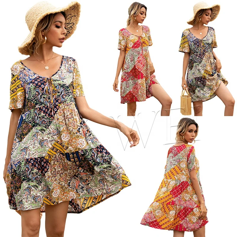 

2021 wholesale summer print new bohemian resort beach style neckline tethered casual short sleeve v-neck boho dress