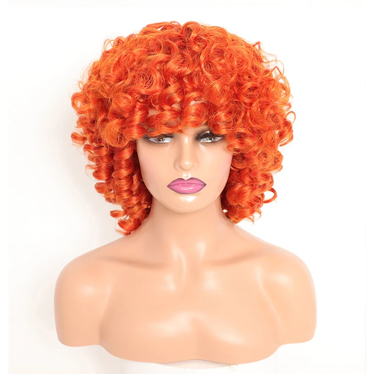 

New Fashion Women Orange Medium Length Afro Curly Synthetic Hair Wigs, Mixed colors 2t30#,1b#, pink, orange, burgundy