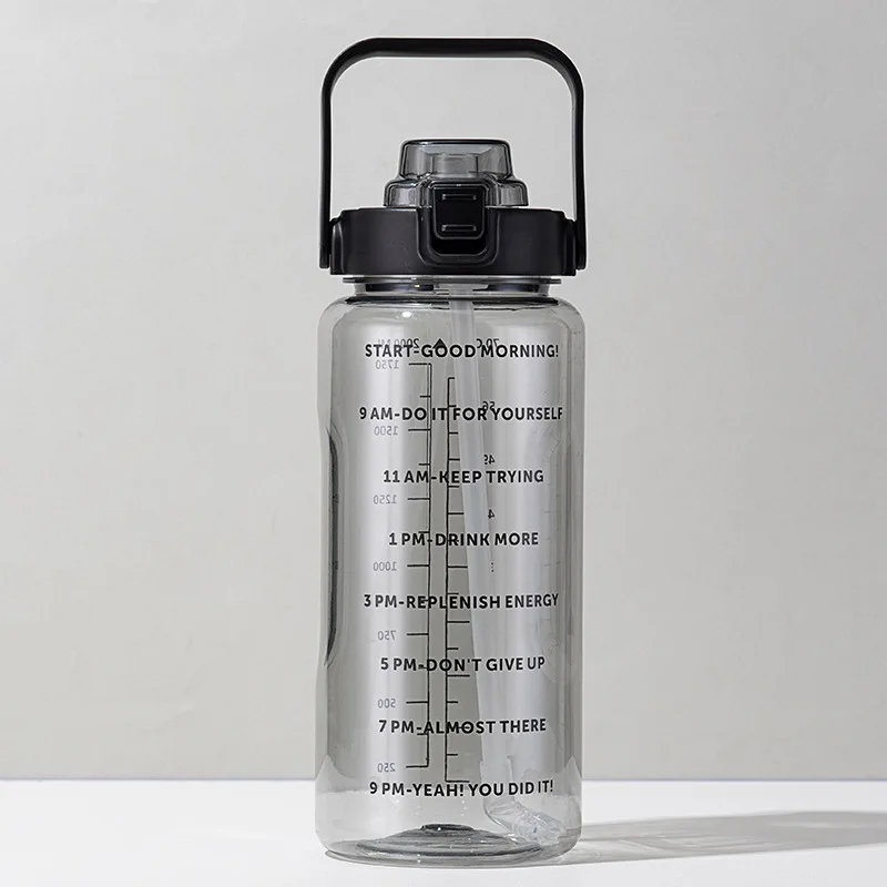 

Amazon Hot Sale 2L Motivational Sports Transparent Plastic Water Bottle Large Capacity Bottle With Straw, Purple, green, blue, black, pink