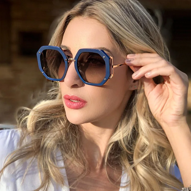 

2021 New Fashion Custom Logo Vintage Retro PC Lens Women Oversized Polygonal Frame UV400 Sunglasses