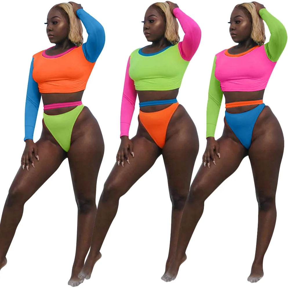 

2020 Summer O-Neck Long Sleeve 2 Pieces Set Cut out Thong Bikini Swimsuit women long sleeve swimwear