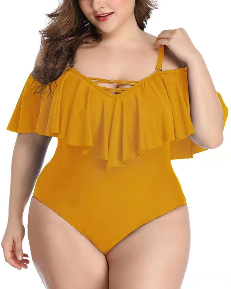 

Plus Size One Piece Swimwear Off Shoulder Ruffles Swimsuit Large Sizes Bathing Suit Women Sexy Swimwear