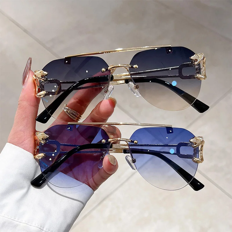 

1330 Cheetah Decoration Rimless Sunglasses for Women Men Metal Steampunk Sun Glasses Frameless Fashion Shades UV400 Eyewear 2024