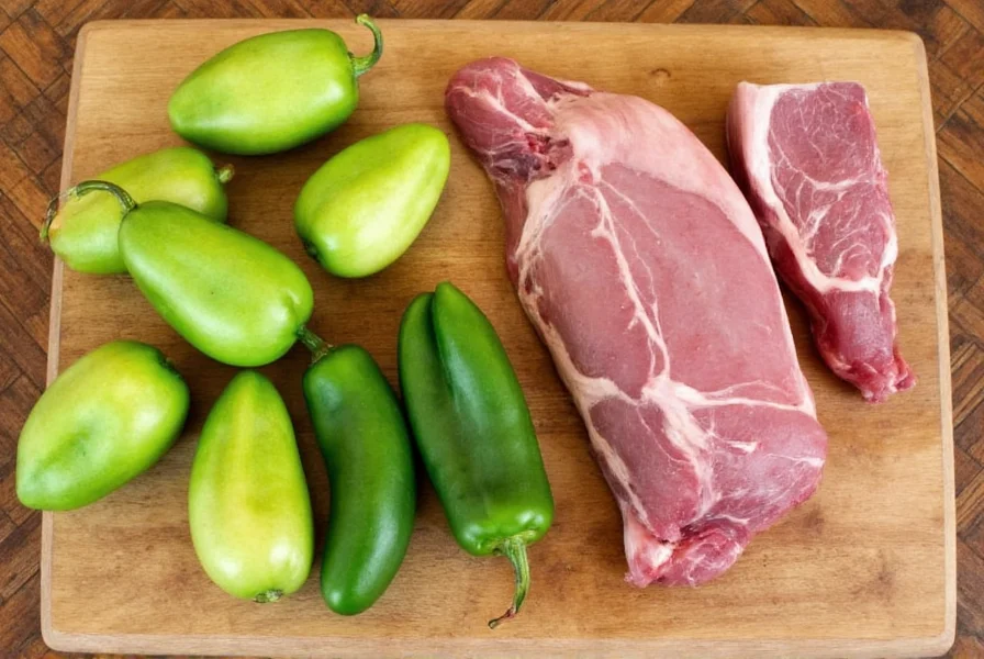 Fresh tomatillos, serrano peppers, and pork shoulder arranged on a wooden cutting board for making authentic chili verde pork