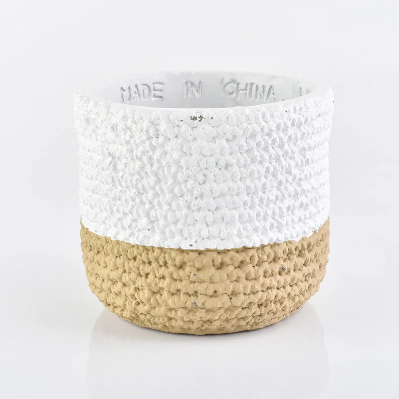 Matte white amber concrete candle jars with woven designs