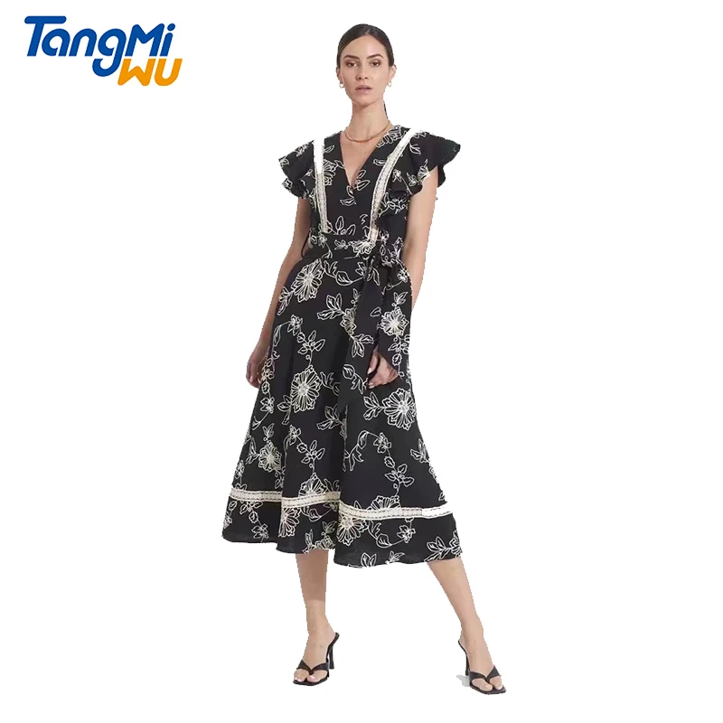 

New high quality V-neck sleeveless summer 2021 dressse print mid-length A-line skirt for women elegant casual dress