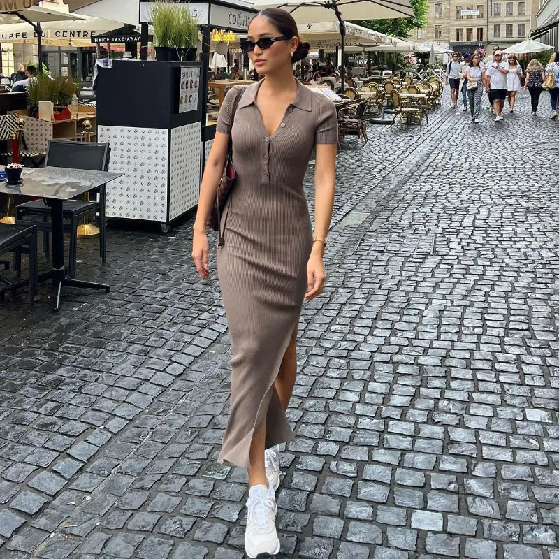 2023 Summer Ribbed Short Sleeve Bodycon Maxi Dress For Women