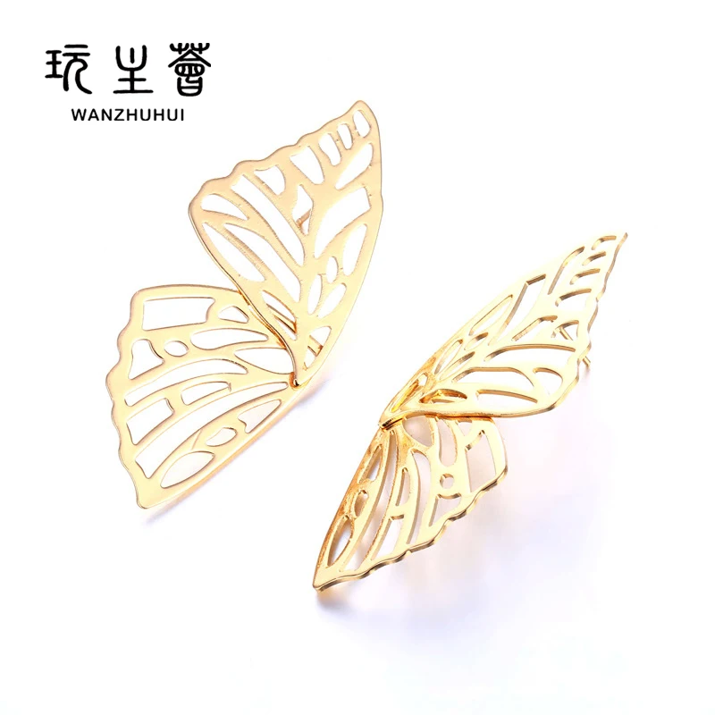 

Wholesale exaggerated personality hollow golden butterfly wings earrings