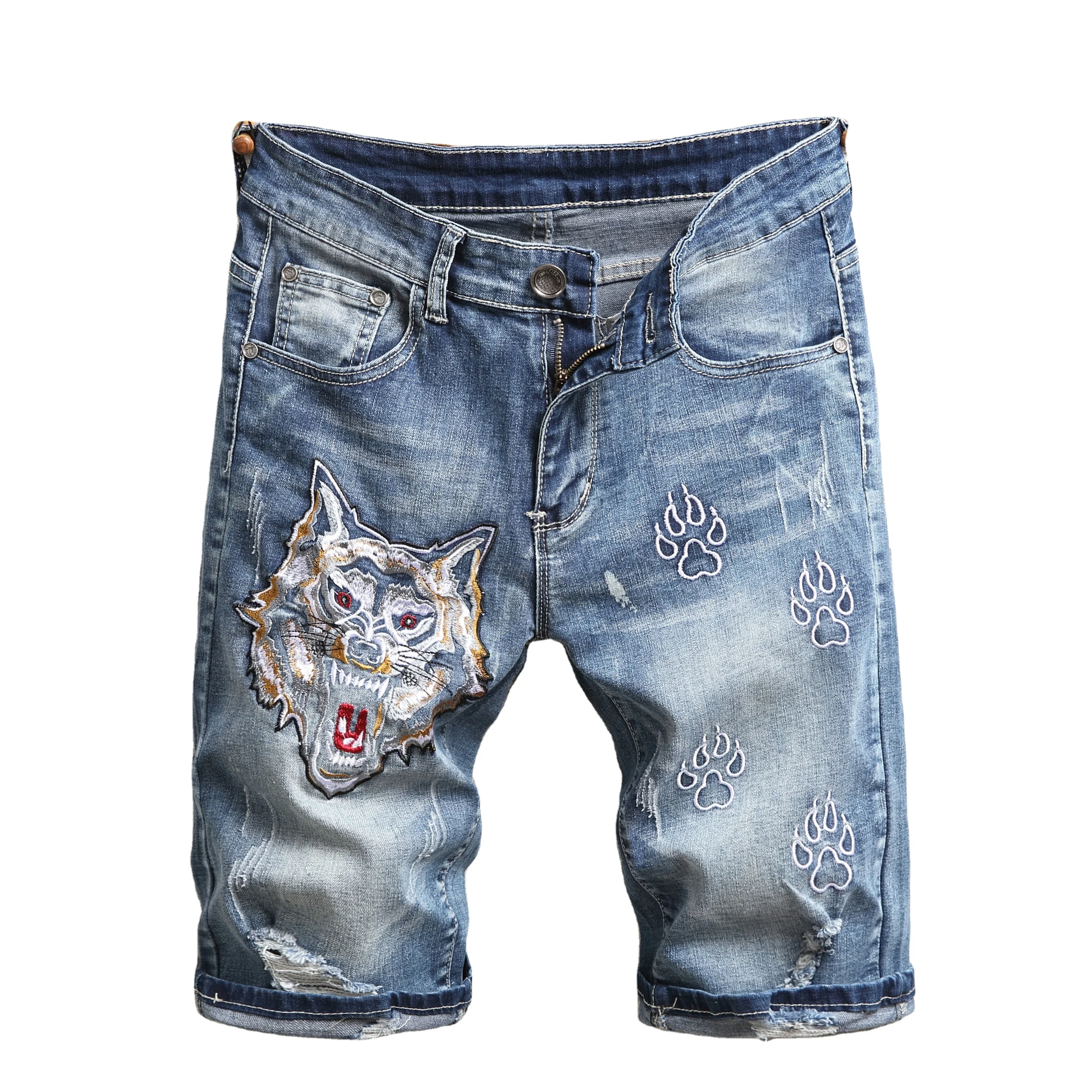 

Hot Sale Light Blue Embroidered Stretch Shorts With Holes In Wolf Figure