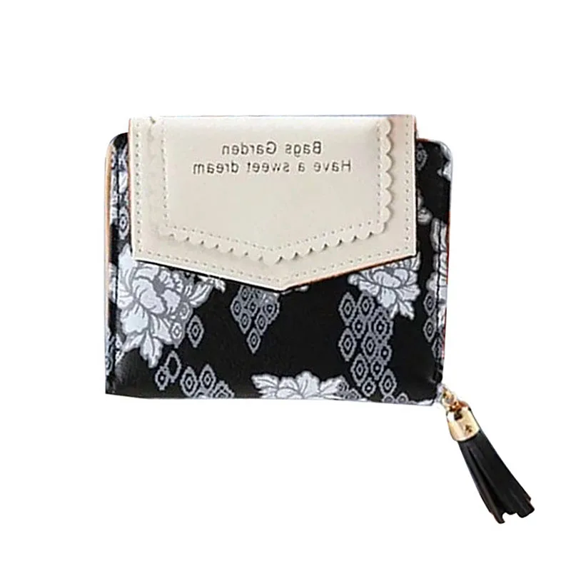 

Women's New Korean Version 2 Fold PU Leather Printed Tassel Buckle Zipper Ladies Coin Purse Wallet Clutch, 6 colors