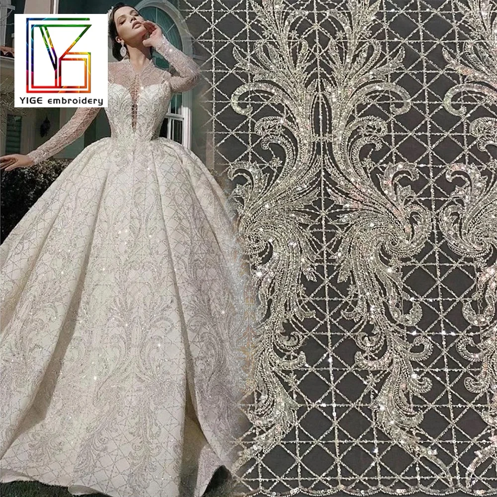 

New luxury french bridal 3d heavy beaded lace with shining sequins embroidery wedding dress bridal lace fabric 5 yards