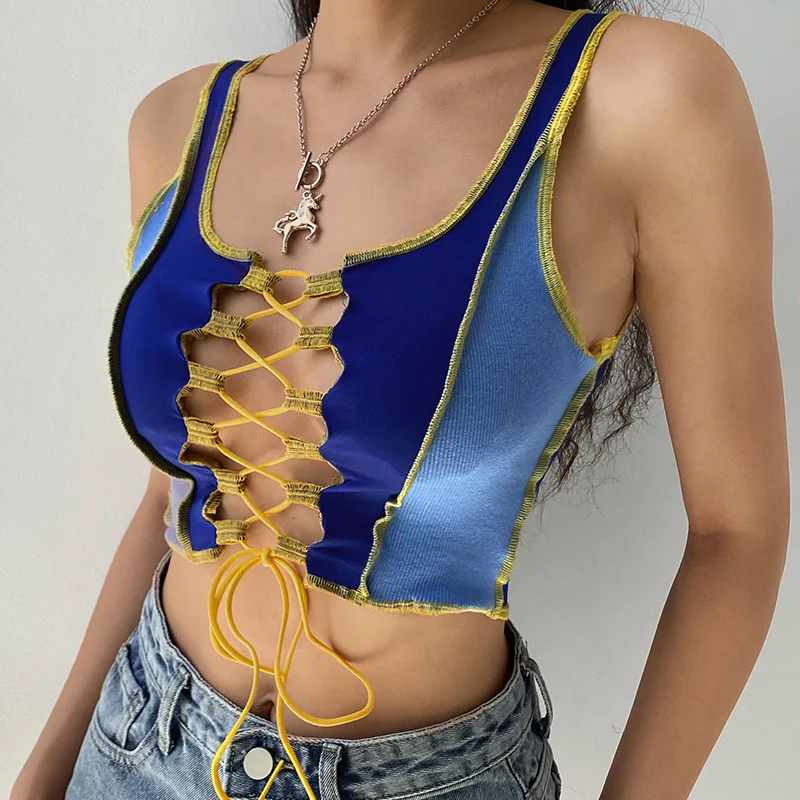 

Women Bandage Ribbed Tank Top Hollow Out Color Block Debardeur Sexy Women Cotton Short Cropped Tank Top