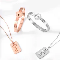 

Fashion Love Heart Lock Lovers' Jewelry Sets Stainless Steel Bracelets Bangles Key Pendant Necklace Couples for Lovers Bracelet