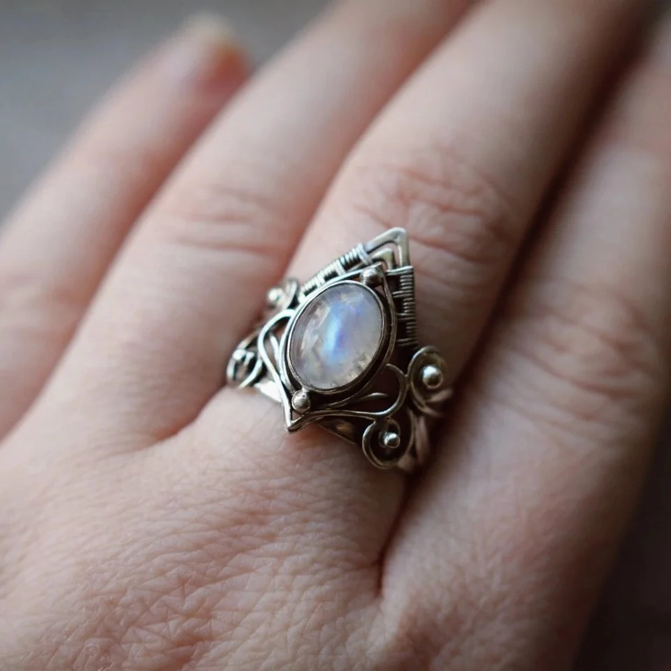 

Luxury Moonstone Silver Plated Women Gems Ring Jewelry Vintage With Stone Jewelry Female Gifts