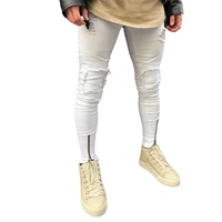 

New Mens Super Skinny Stretch Denim Pants White Ripped Damaged Zipper Jeans