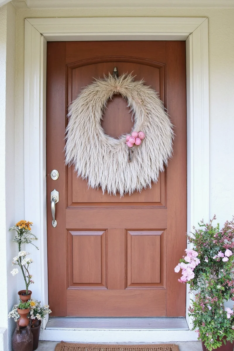 Front door with hooks, doormat, and plant decor for families