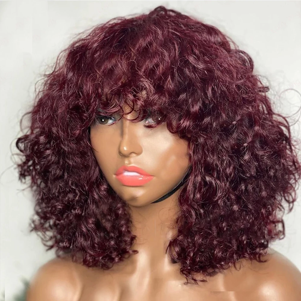 

Fringe Jerry Curly Burgundy Red Short Bob Human Hair Wig With Bangs For Women Malaysia Virgin 200Density Full Machine Made Wigs, Natrual color wig