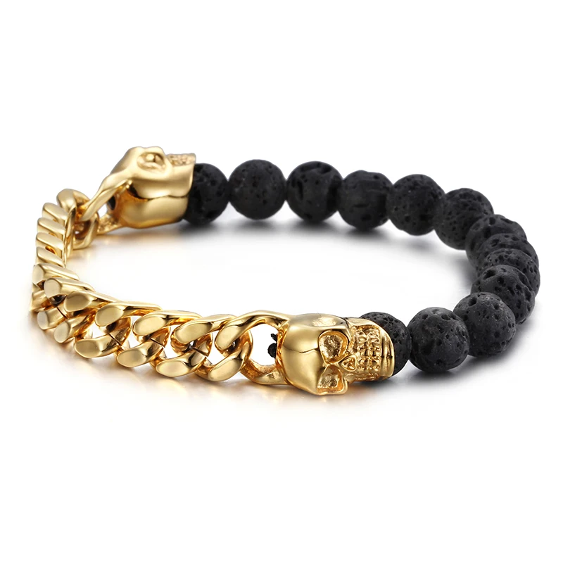 

KALEN Wholesale 8mm tiger eye beads Volcanic Lava Rock Skull Beads Men Bracelet with Stainless Steel Chain Bracelet