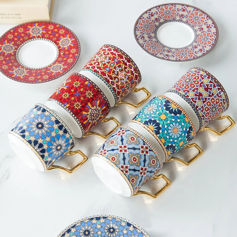 

New Bone China Ceramic Cup with Saucer Set Gold Handle Ceramic Mug Coffee Cup