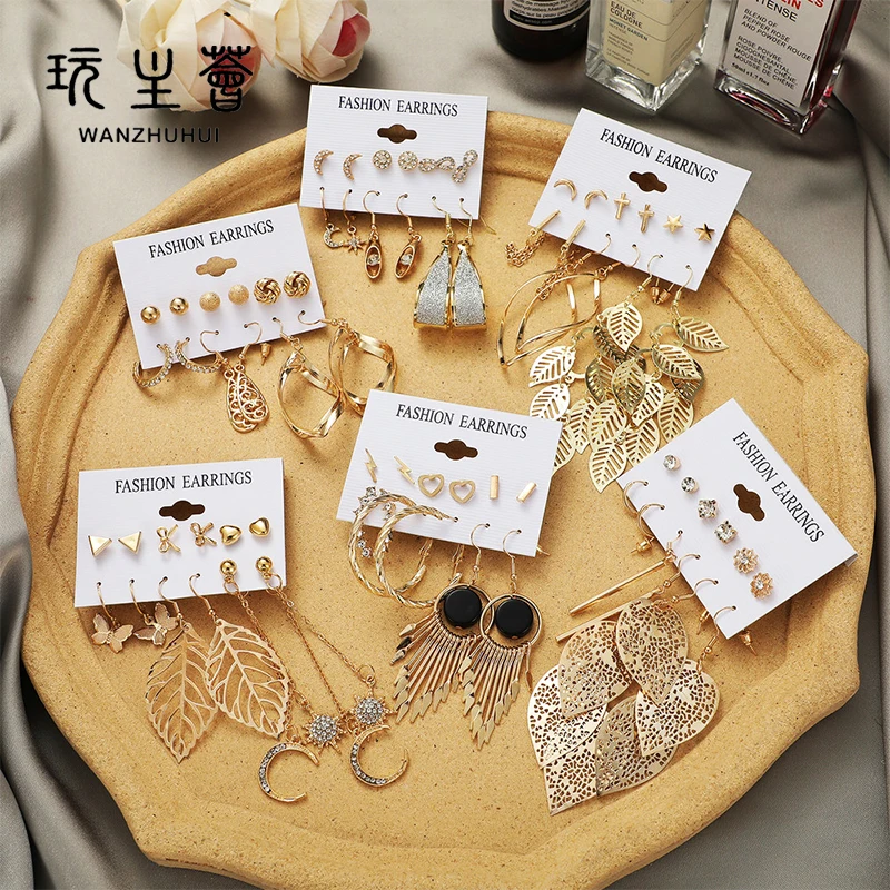 

Fashion gold plated stud earrings set Geometric Round hoop earring Tassel drop earrings set Jewelry For Women