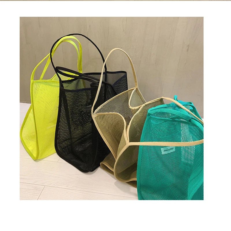 

BOOMBM Outdoor Durable Big Storage Beach Carry Bag Large Tote Bag Promotion Polyester Transparent Mesh Shopping Bag, Black/khaki/green/fluorescent color