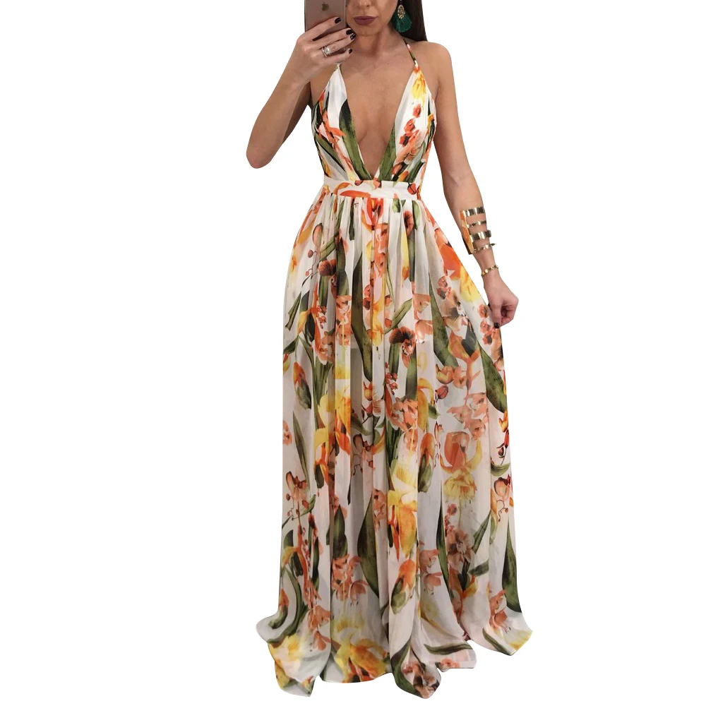 

Plus Size Backless V-Neck Printed Floral 1 Piece Chiffon Maxi Long Dress
