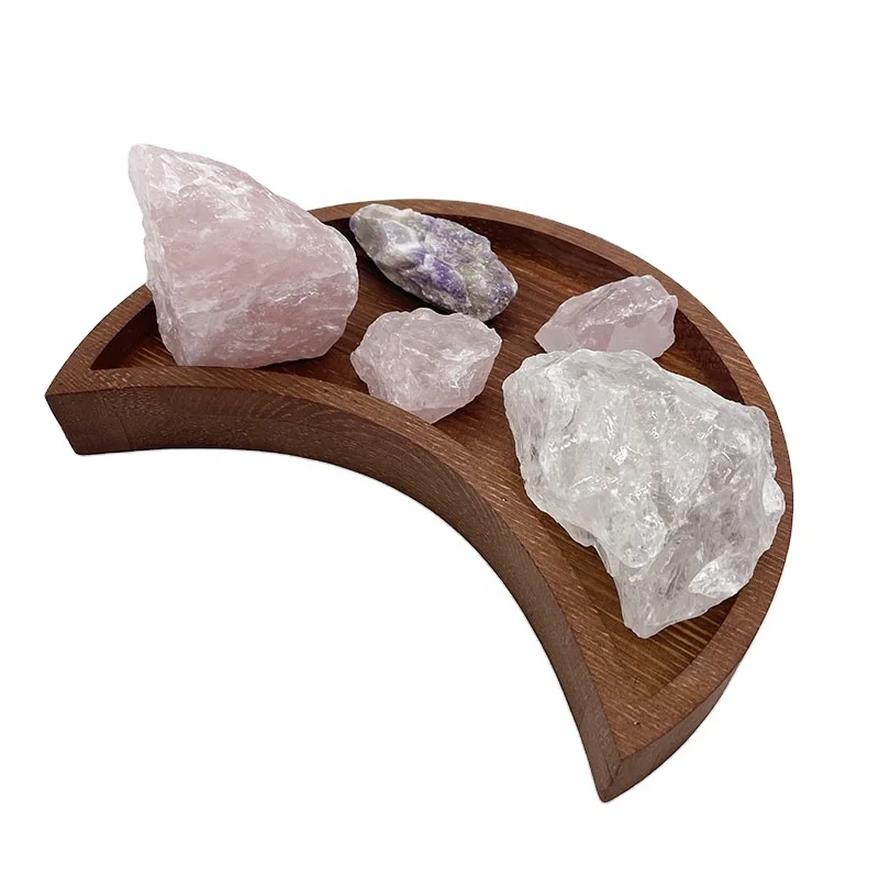 

TaiLai Crescent Moon Tray Crystal Tray for Moonstones Storage Small Wooden Rustic Decorative Stone Dish Holder
