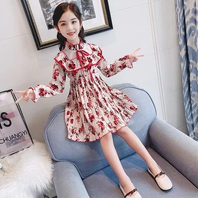 

New fashion teen Girls spring flower printed long sleeve ruffled chiffon princess dress, Picture shows