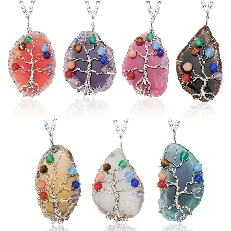

New style creativity 7 chakra healing wire wrapped tree of life pendant gemstone crystal irregularity agate pendant necklace