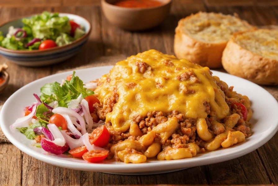 Chili mac n cheese served with side salad and garlic bread on wooden table