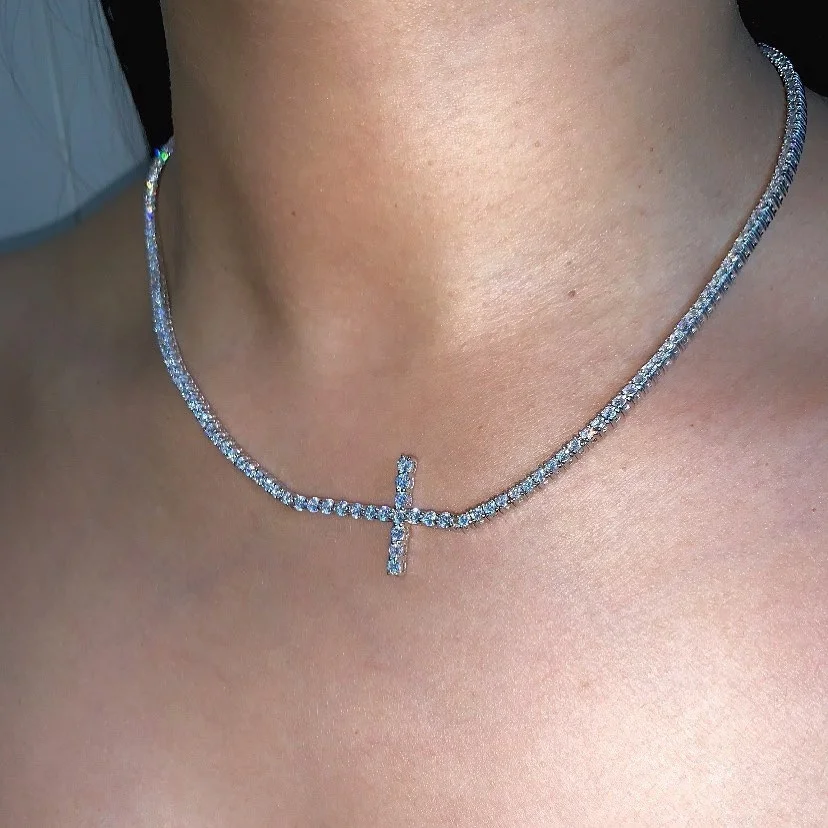 

3mm cubic zirconia tennis chain women choker iced out bling sideway cross necklace, Silver