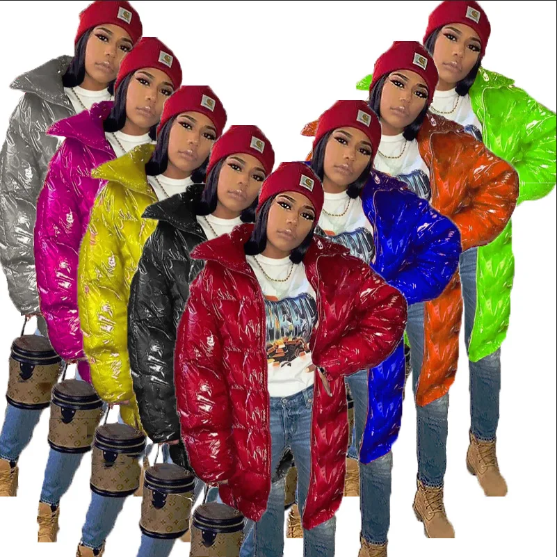 

Bright PU Faux Fur Long Puffer Jacket for Women Winter Clothing Warm Parka Full Sleeve Outwear Bubble Coats Oversized, Red, yellow, green, gray, black, blue, orange, rose red