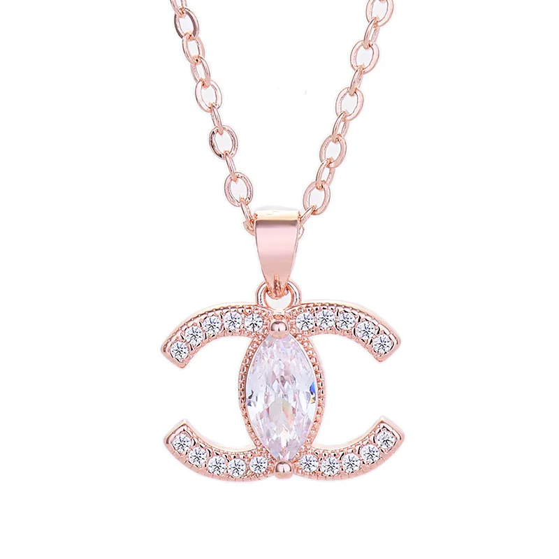 

2021 luxury fashion bling silver 18k gold plated zirconia double cc pendant necklace women jewelry