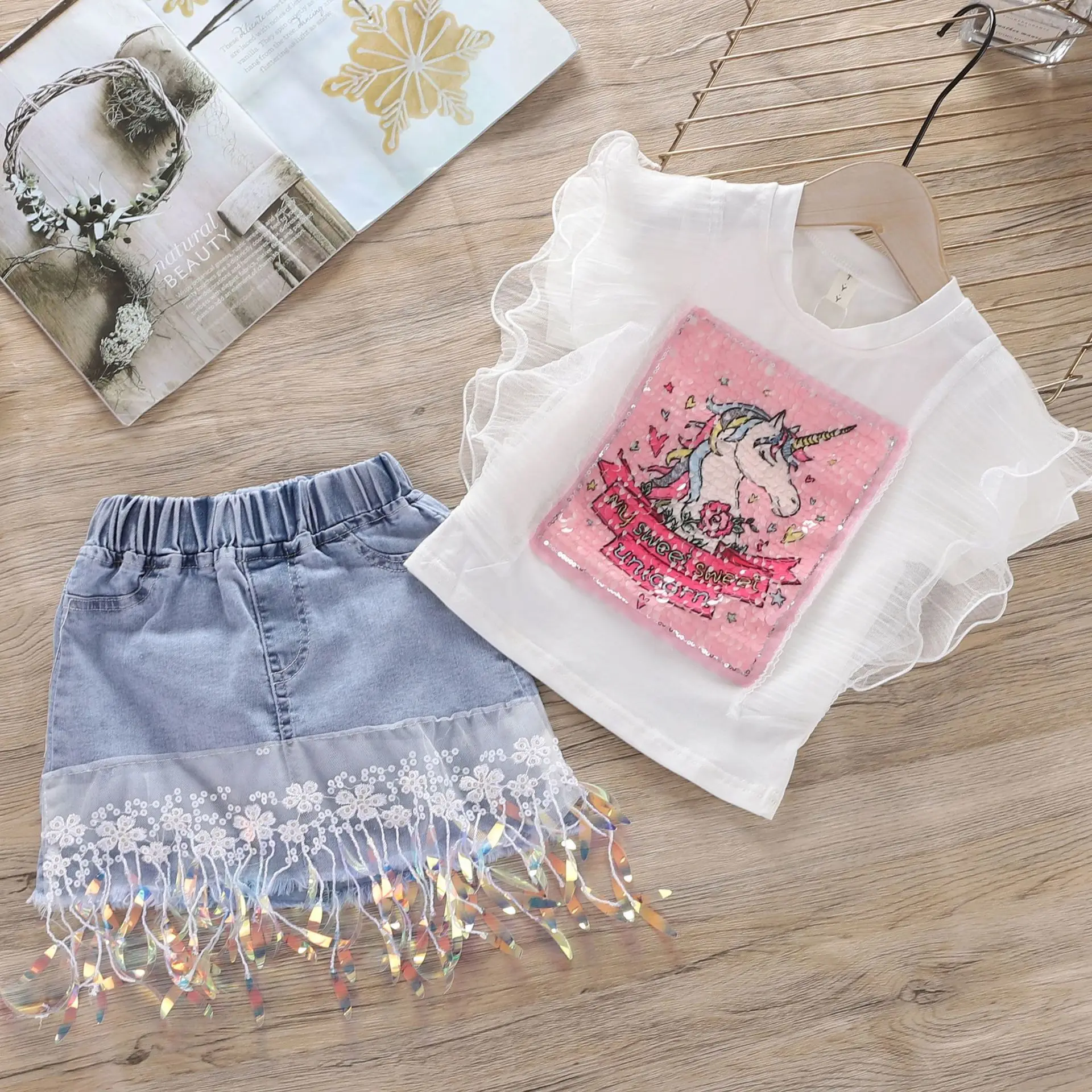 

Unicorn Girls Clothing Sets Summer Baby Girl Casual Suit Kids Clothes Sequins Lace T-shirt+denim Skirt Children Suit 2-7yrs, As picture