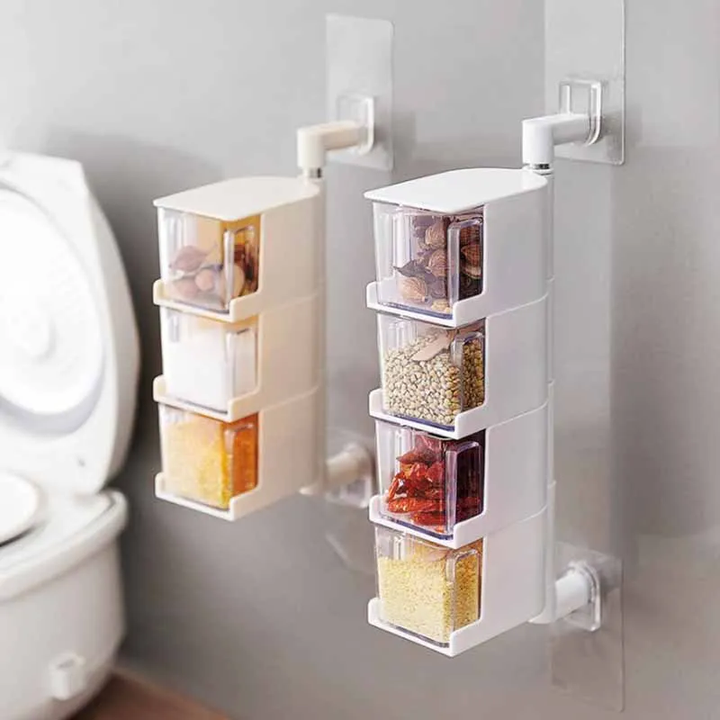 

Kitchen wall mounted rotating spice rack paste multi-layer condiment organizer with spoon, Cream - coloured,white,grey