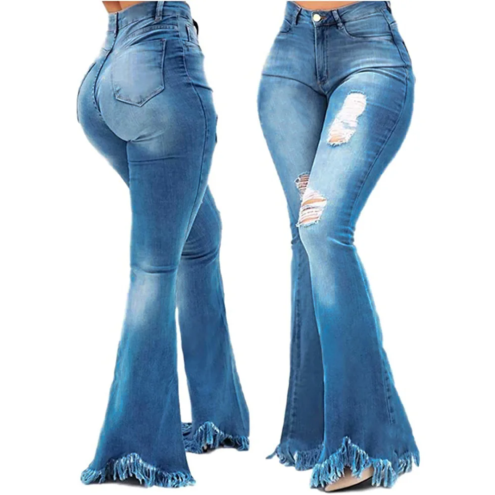 

Wholesale Amazon Hot Sale Slim Wide Leg Washed Denim Flared Pants High Waist Sexy Tassel Fitness Zipper Women's Jeans, Shown