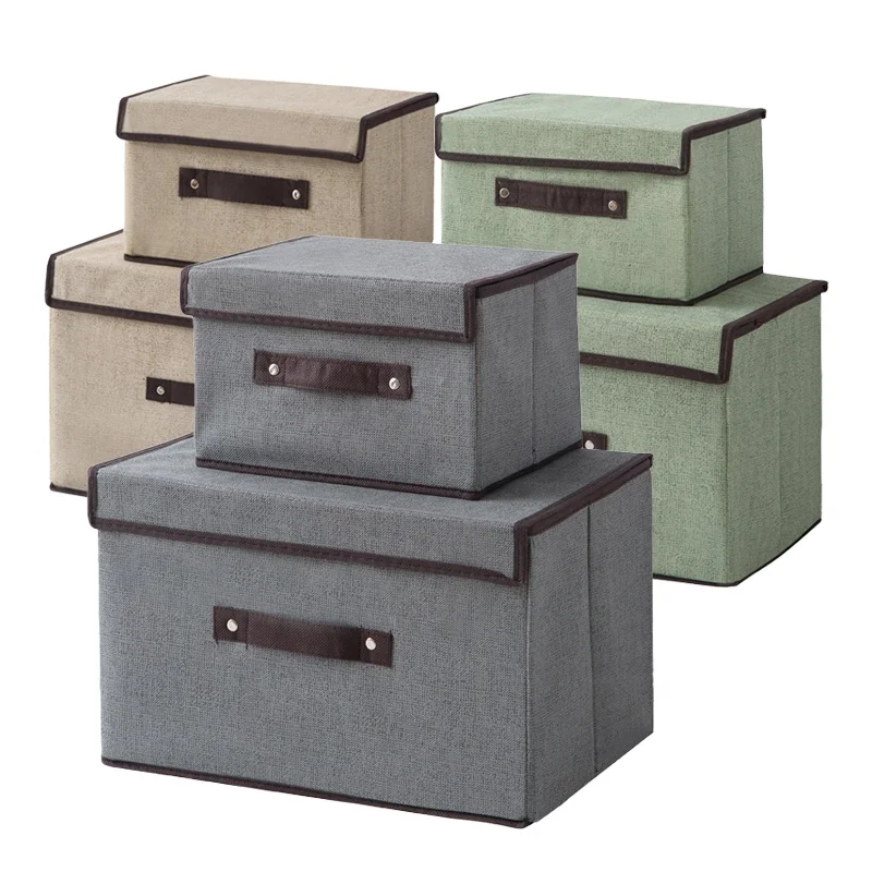 

Foldable Linen Non-woven Fabric Storage Box Organizer Bin with Handle And Lids for Toys, Snacks, Clothes and Books