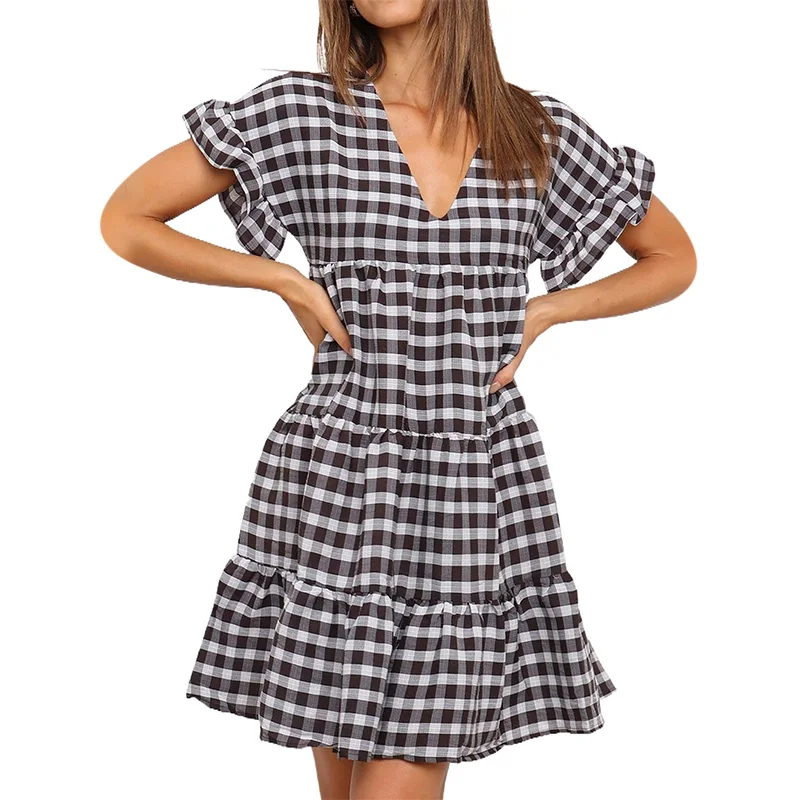 

Summer Cute Cotton Ruffled Short Sleeves Swing Tiered Shirt Plaid Dresses Women