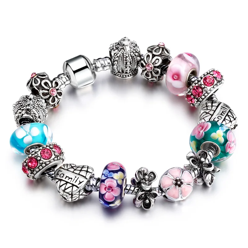 

Boho Ethnic Antique Silver Plating Flower Murano Beads Charm Bracelet Crystal Bead Charm Bracelet
